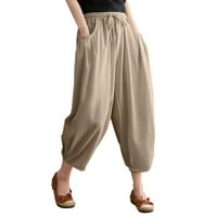B91xz Небрежни панталони за жени Нови свободни плътни цветове памук и бельо дантелени до еластични панталони за талии за жени модерни каки, ​​размер XL