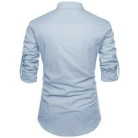 Мъжки памучни и ленени ризи тънък прилягане на плътен цвят дълъг ръкав стойка яка риза за свободно време стилно удобно ежедневна тренировка топ блуза светло синьо