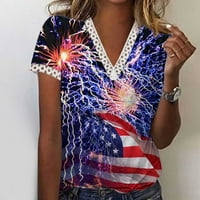 Женски лято V-образно деколте с къси ръкави блуза върхове ежедневни звезди и ивици печат риза топ САЩ флаг син XL