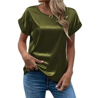 Cyzz Celler Женски тениска лятна елегантна твърда кръгла шия валцуван къс ръкав сатенен копринен блуза върхове армия зелено xl