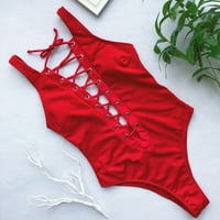 Бански костюм за жени, женски бикини солиден комплект бански, пълни сутиен бански костюми плажни дрехи Red M