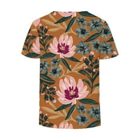 Плюс размери върхове за жени ежедневни летни къси ръкави v Врат флорални графични тениски Модни спокойни монтирани удобни пуловер Тениска топ блуза 03-жълто xxl