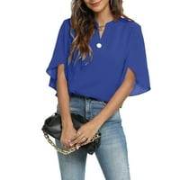 Дамски върхове дамски ежедневни къси ръкави солиден цвят v шия шифонска риза горна блуза син xl