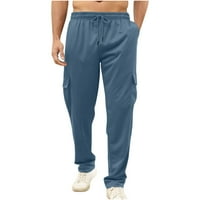 Панталони за мъже, мъже, солидни ежедневни джобове на открито с прав тип фитнес панталони спортни панталони панталони синьо