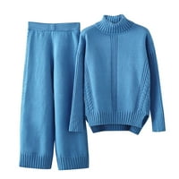Manxivoo жени есен и зима моден темперамент разхлабен небрежен широк панталон за крака плетен пуловер с висок врат два костюма синьо