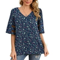 Есенно естетически дрехи за жени с v-образно печат блуза мрежеста панел блуза звънец на ръкави върхове син XXL
