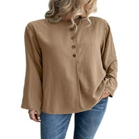 Копче на Cindysus надолу върхове блуза за жени ежедневни тениски от твърд цвят дами свободна офис работа с дълъг ръкав риза каки s