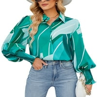 Haite Women Blouse дълги ръкави върхове флорални ризи за печат офис туника риза плаж бутон надолу тъмно зелен XL