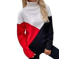 Zunfeo пуловер за жени- пуловер Моден свободен пристанител плетен върхове с висока шия пачуърк с дълъг ръкав меки ежедневни пуловерни върхове червени m