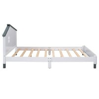 Modern Modern Platform Bed, дървена рамка за легло с пълен размер с табла с форма на къща, бяло+сиво