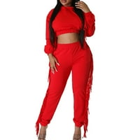 Комплекти за тренировки за жени подрязани пуловер с качулка модна ресни градини Еластични панталони с дълъг ръкав с дълги ръкави с две части Red Size XXL