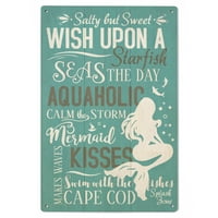 Cape Cod, Massachusetts, Mermaid Typography Birch Wood Wall Sign