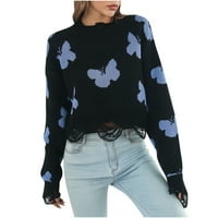 Timegard Fall Powaters for Women Trendy Long Loweve Butterfly Print Knit Pullover, Black, L