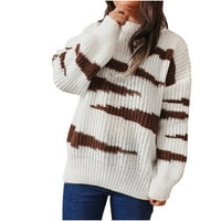 Дамски моден хлабав кръгла шия с дълъг ръкав нередовен ивица контраст цветен пуловер Женски топ тиеток