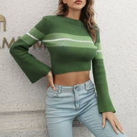 Sngxgn дамски пуловери с дълъг ръкав с цип пуловер екипаж цвят на врата на врата и райета ежедневни пуловери за жени, зелено, размер l
