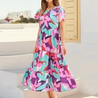 Женски ежедневни летни тениски рокли солиден цвят свободна къса ръкав рокля розов размер 2xl