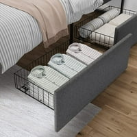 Рамка за легло с платформа с чекмеджета за съхранение и тапицирана тапицерия, метална рамка за легло