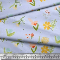 Soimoi Blue Cotton Voile Fabric Artistic Leaf & Floral Print Fabric край двора