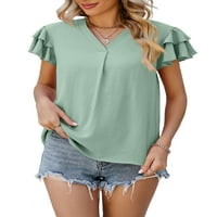Тениска от niuer за жени със солидна цветна тениска v Врат летни върхове Разхлабени пуловер с къс ръкав Tee Зелен XL