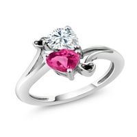 Gem Stone King Sterling Silver Pink създаде сапфирен двоен сърдечен пръстен за жени, поставени с moissanite