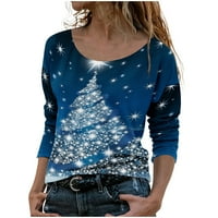 Penkiiy дамски върхове дамски мода с дълъг ръкав Crewneck коледно дърво от печат Пуловер жени върхове блуза сини y2k дрехи