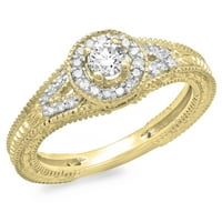 0. Карат 18k жълто злато кръг диамант дами сплит булчински винтидж хало стил годежен пръстен CT