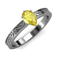 Жълт сапфир 7x Pear Scroll Solitaire годежен пръстен 0. Карат в 14K бяло злато.size 7.5