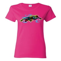 Цветна морска костенурка плуване любител на животни Женска графична тениска, Fuschia, 2XL