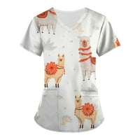 Дамски блузи Женски сладки животни отпечатани с къси ръкави V-образни върхове работещи джобна блуза оранжево xxxxl