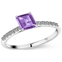 Gem Stone King 1. CT Emerald Cut Purple Amethyst White Diamond 10K бял златен пръстен