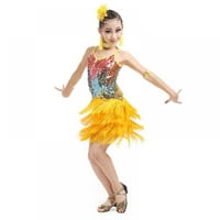 Новият детски латино танцов костюм момичета пайети с ресни латински пола на състезание, включително цветна глава и обица