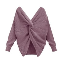 Wefuesd пуловери за жени с две V Neck, завързани над отворен заден плетен пуловер Топдакрон ризи за жени Purple XL