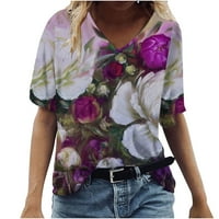 Плюс размер женски флорален отпечатан къс ръкав Henley v Тениска на шията Плисирана ежедневна теника на туниката на блуза лилави S лилаво s