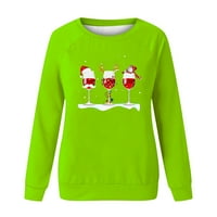 Hfyihgf жени коледни ризи с дълъг ръкав Rhinestone Wine Glass Santa Hat Merry Xmas Christmas отпечатък от отпечатък Суитчър Суитчър Коефициент на есенни върхове Пуловер Зелено m